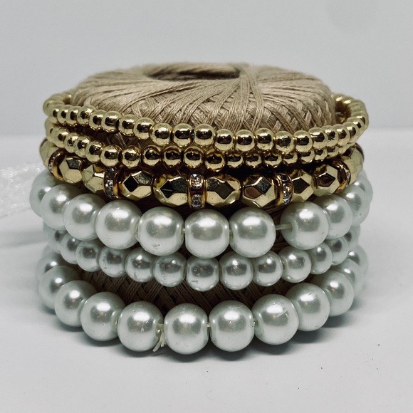 Gold Pearl and Rhinestone Elastic Bead Bracelet Stackable Bundle of Four - Picture 4 of 5